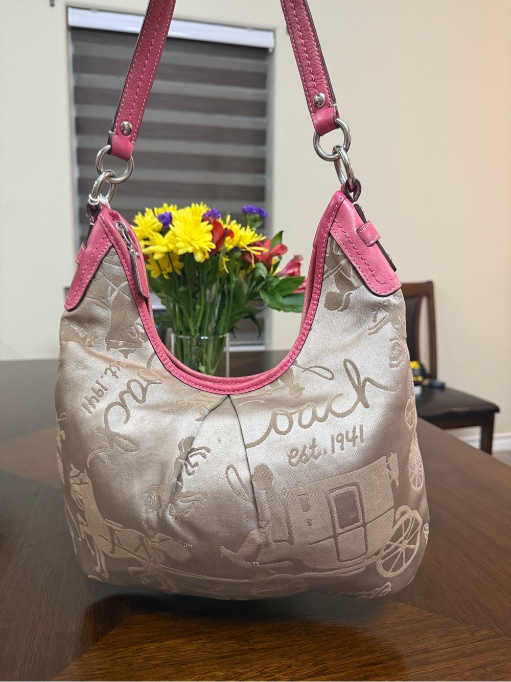 Coach Taupe Jacquard Hobo with Pink Trim